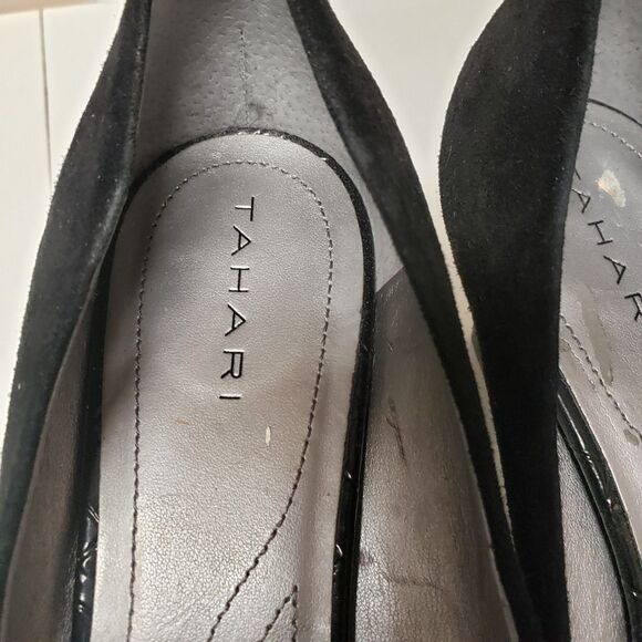 Tahari Women's Open Toe Black Suede Leather Croc Print Accent Heel Sz 10 PO Good - Picture 7 of 14